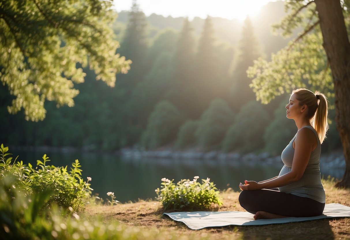 A serene pregnant woman practices mindfulness meditation surrounded by nature, with gentle sunlight and a peaceful atmosphere