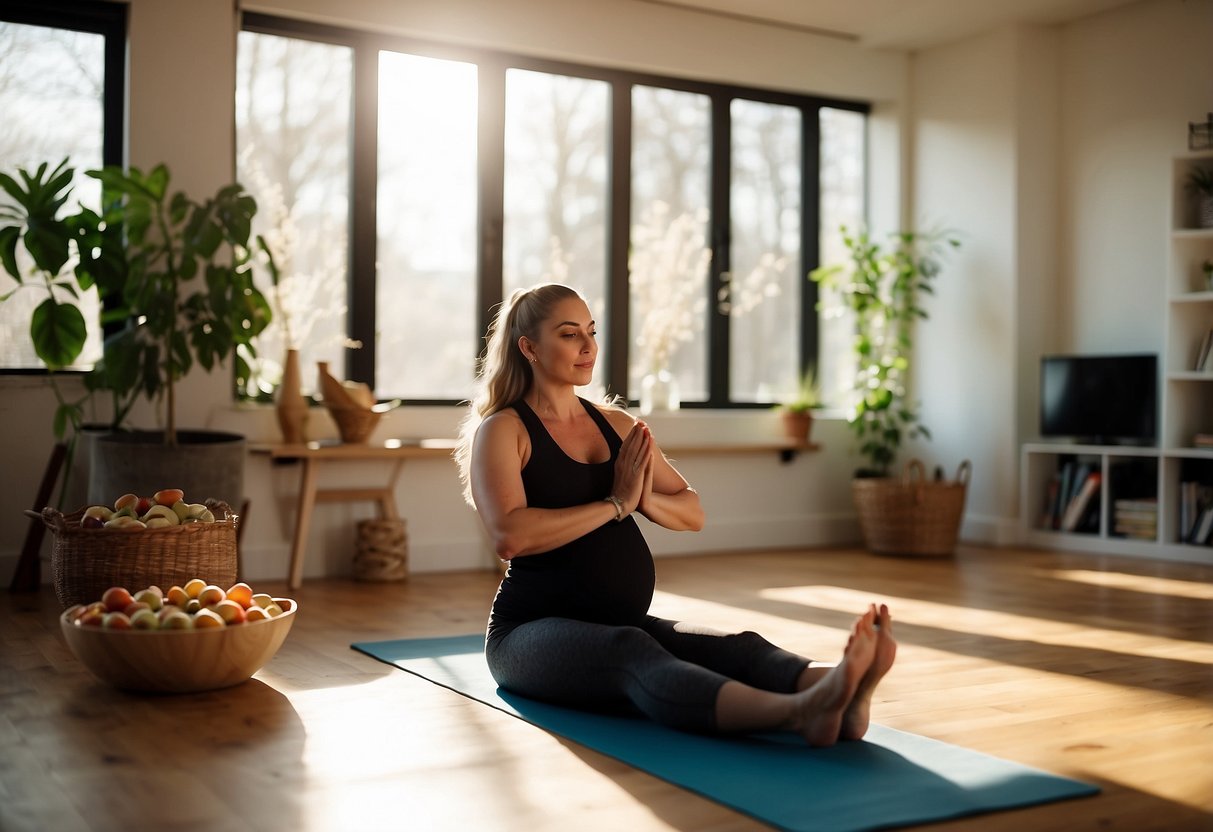 A serene, pregnant woman practices yoga in a sunlit room, surrounded by fitness equipment and healthy snacks. An open book on prenatal exercise lays nearby