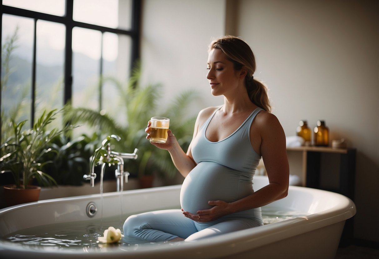 A serene pregnant woman practices prenatal yoga, enjoys a warm bath, applies moisturizing belly oil, sips herbal tea, and gets plenty of rest