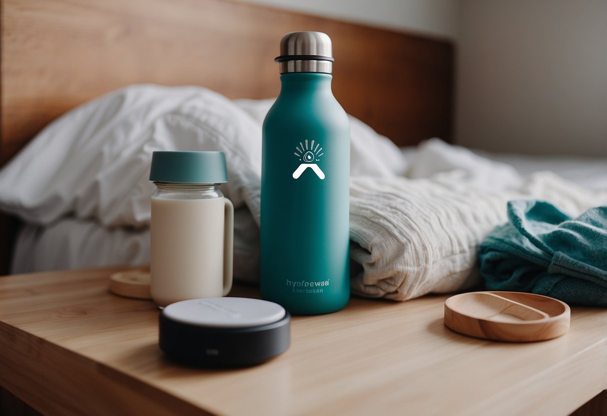 A Hydro Flask water bottle sits on a bedside table, surrounded by pregnancy self-care items like lotion and a journal