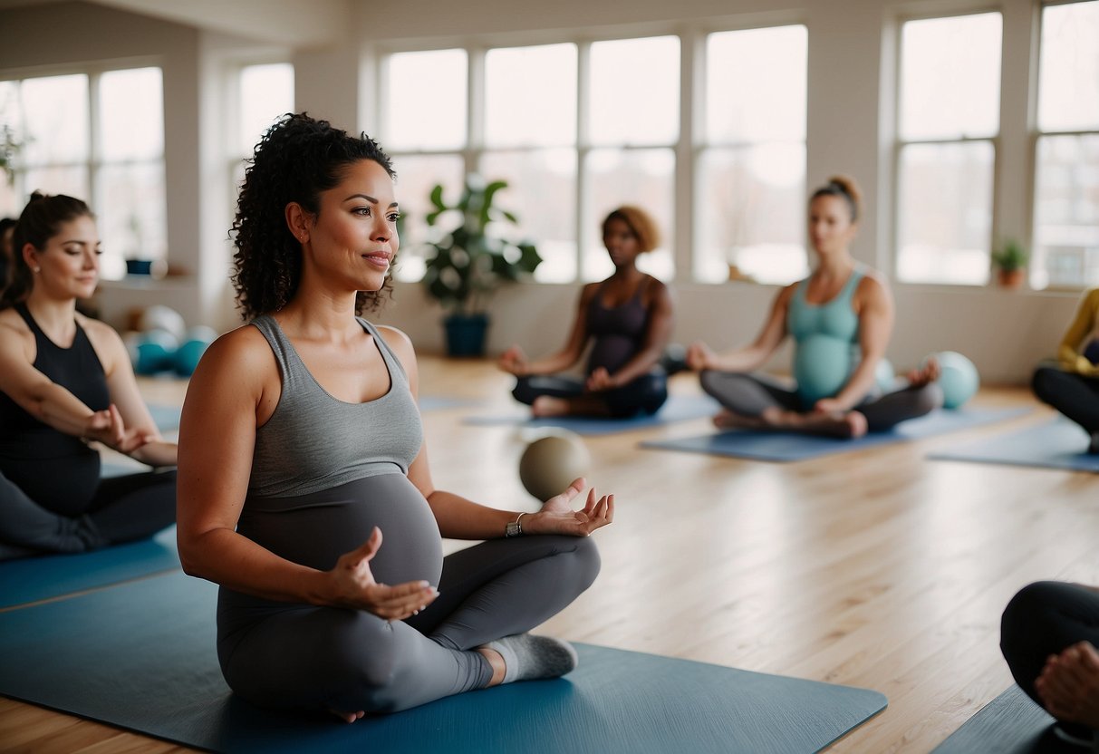 A pregnant woman sits on a yoga mat in a well-lit room, surrounded by exercise equipment. She follows along with a Peloton prenatal class, focusing on self-care routines for expectant mothers