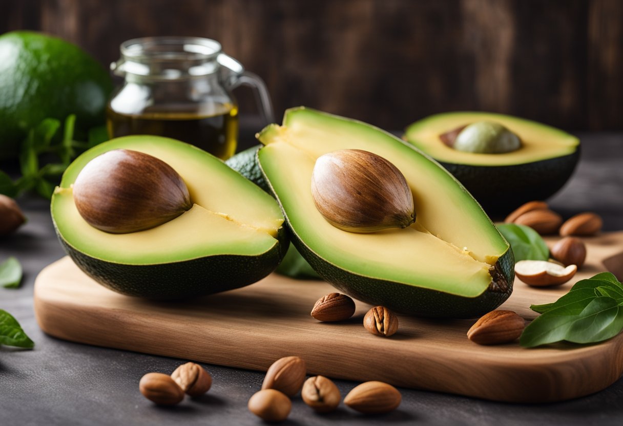 A green papaya sits on a wooden cutting board surrounded by keto-friendly ingredients like avocado, olive oil, and nuts