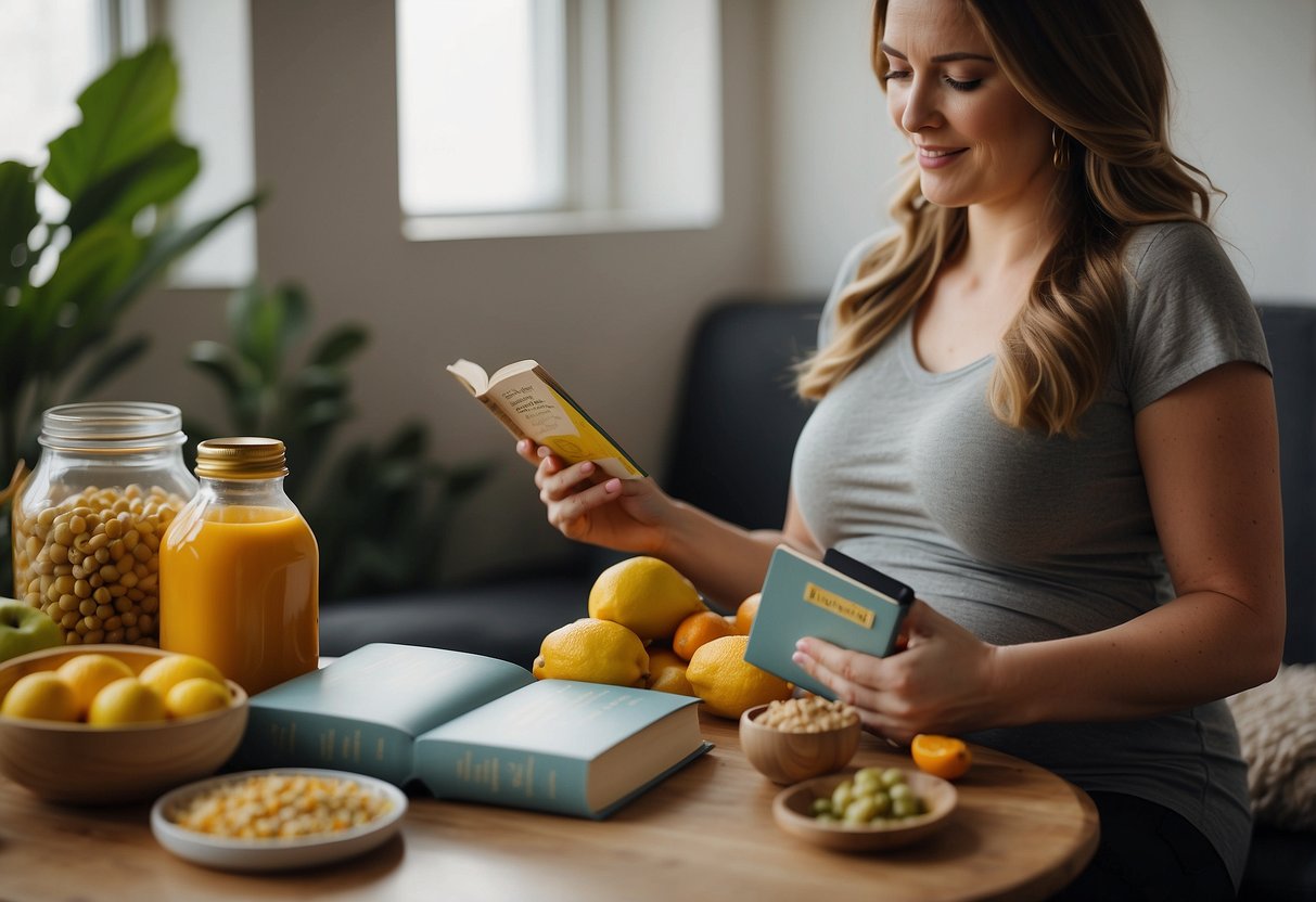 A pregnant woman reading a pregnancy self-care book while surrounded by healthy food and a prenatal vitamin bottle