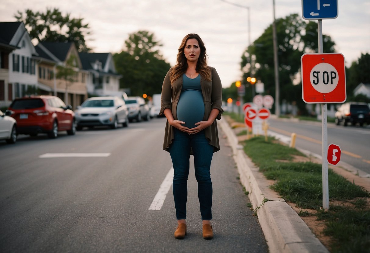 A pregnant woman surrounded by various warning signs, such as a stop sign, a caution sign, and a speed limit sign, all indicating the need to slow down during pregnancy