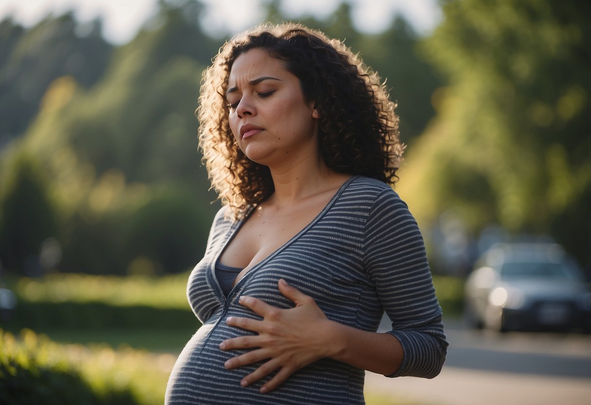 A pregnant woman struggling to catch her breath, clutching her chest with a look of distress on her face. She is visibly fatigued and in need of rest