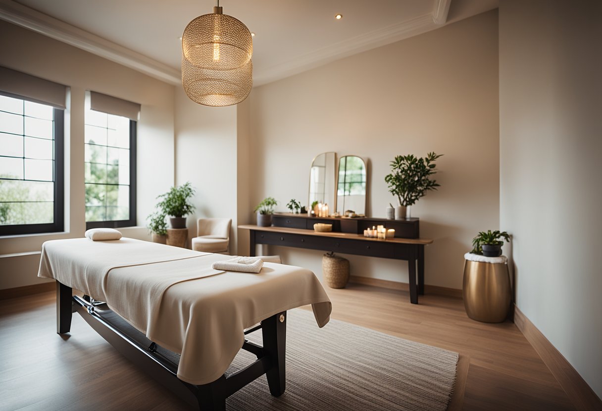 A serene room with a massage table, soft lighting, and calming decor. A soothing atmosphere with essential oils and relaxing music