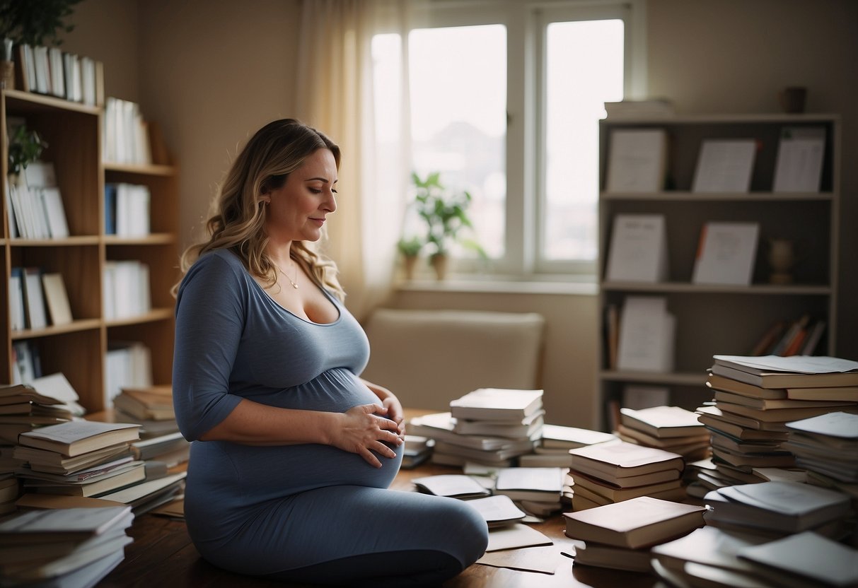 A pregnant woman sits with a hand on her lower back, wincing in pain. She looks fatigued and overwhelmed, surrounded by scattered pregnancy books and a calendar with dates circled