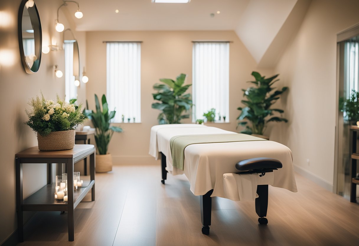 A serene massage room with a massage table, soft lighting, and calming decor