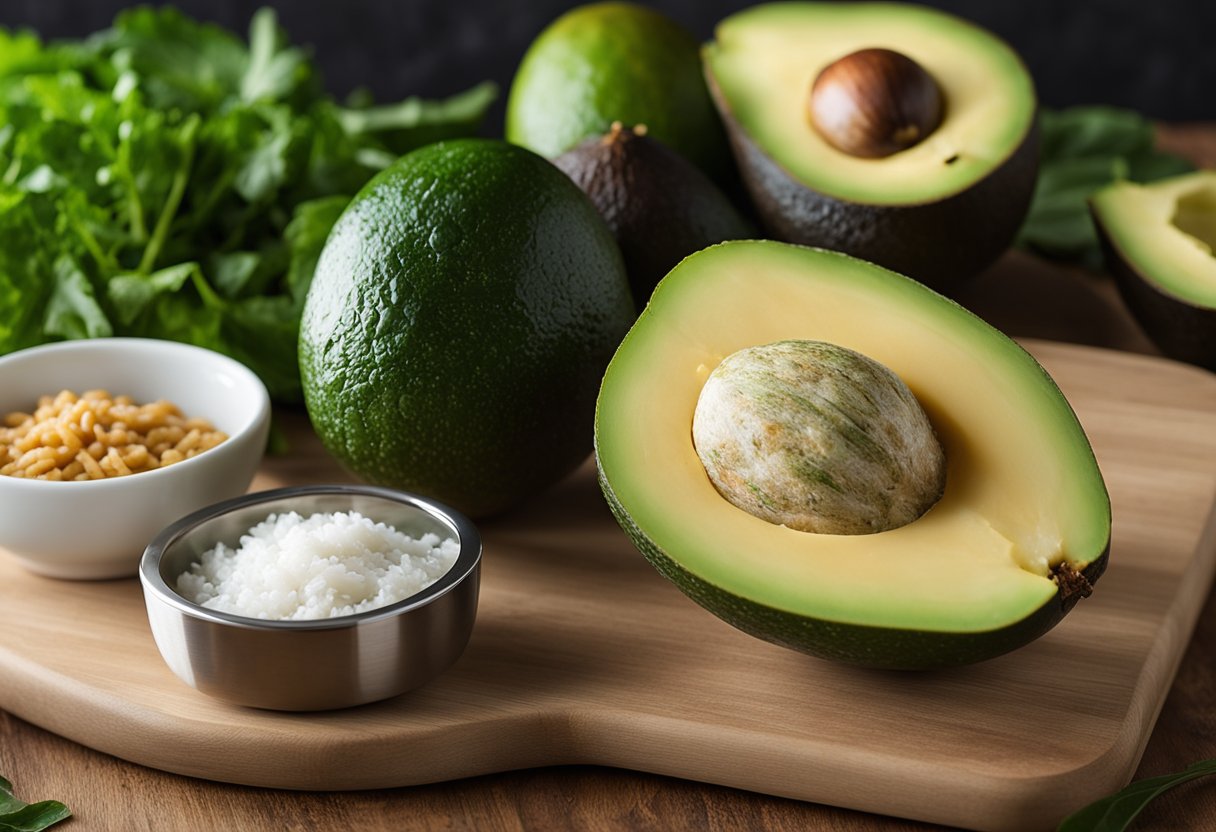 A green papaya sits on a cutting board, surrounded by keto-friendly ingredients like avocados and leafy greens. A measuring tape and a keto recipe book are nearby