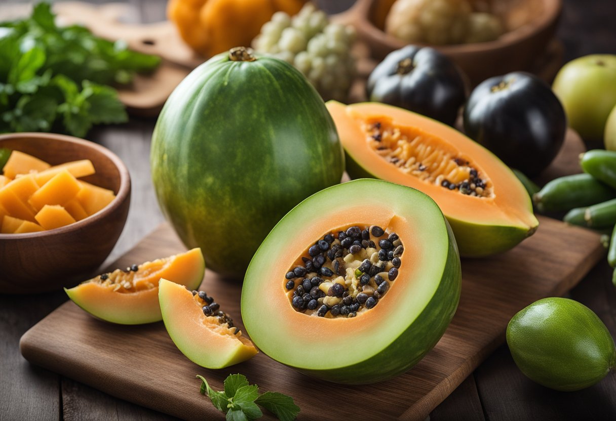 A ripe green papaya sits on a wooden cutting board, surrounded by a variety of fresh fruits and vegetables. A nutrition label is visible, highlighting the keto-friendly profile of the papaya