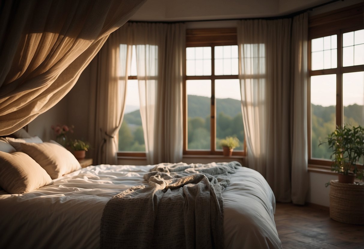 A serene, tranquil setting with a cozy bed and soft lighting. A gentle breeze rustles the curtains as a peaceful atmosphere exudes calm and relaxation