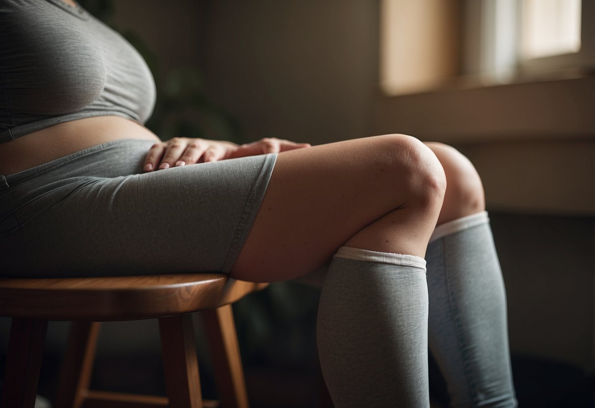 A pregnant woman's swollen feet resting on a stool, a hand gently cradling her belly, a concerned look on her face as she feels a sharp pain