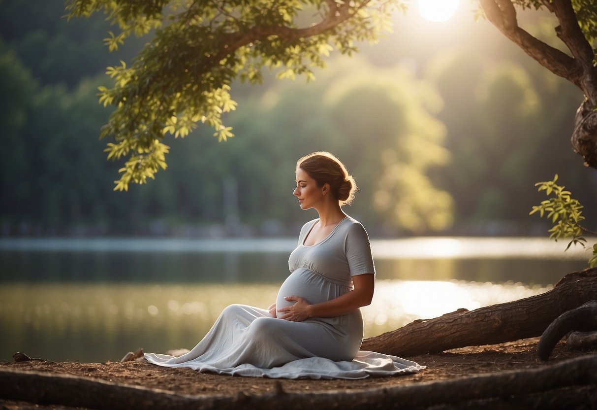 A serene, pregnant figure sits in a peaceful, natural setting, surrounded by calming elements like gentle winds and soft sunlight. The scene exudes tranquility and relaxation, promoting mental and emotional well-being