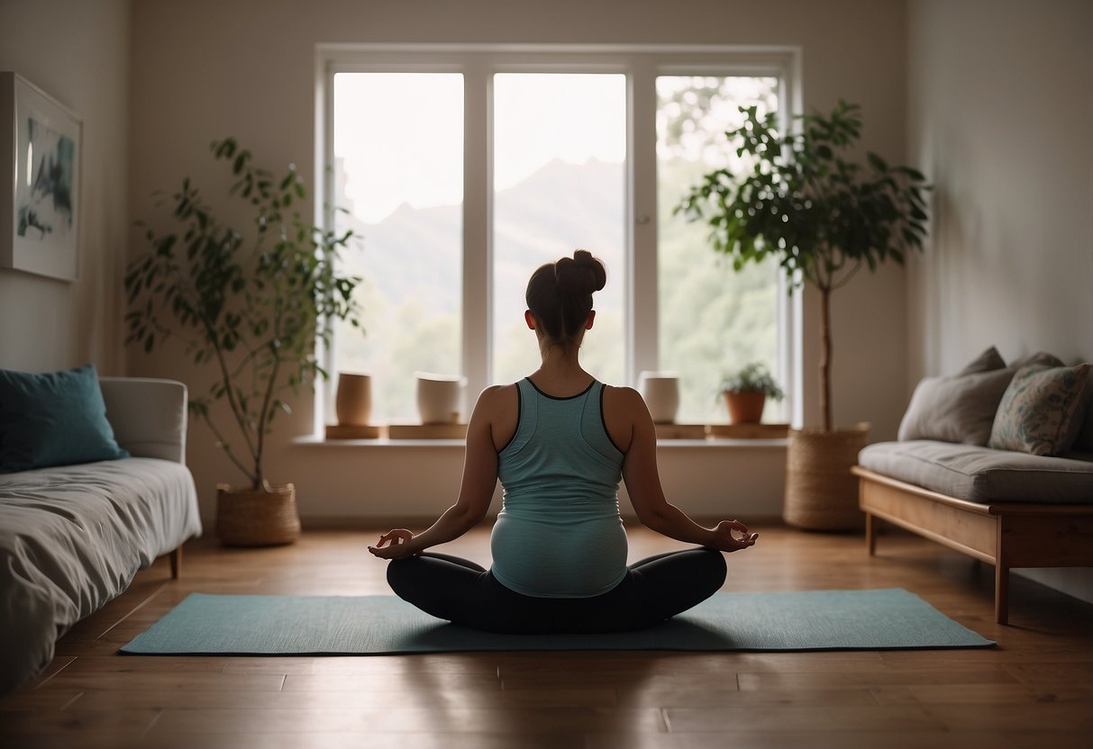 A serene pregnant woman sits in a cozy room, surrounded by calming colors and soft lighting. She practices deep breathing and gentle yoga poses, with a soothing soundtrack playing in the background