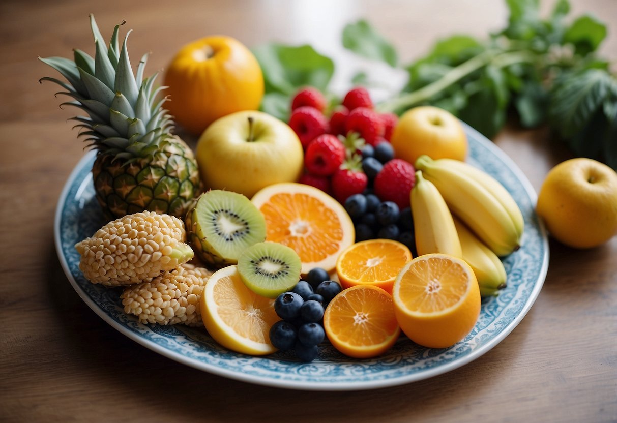 A colorful plate with a variety of fruits, vegetables, and grains. A glass of water and a prenatal vitamin nearby. A relaxed and peaceful atmosphere