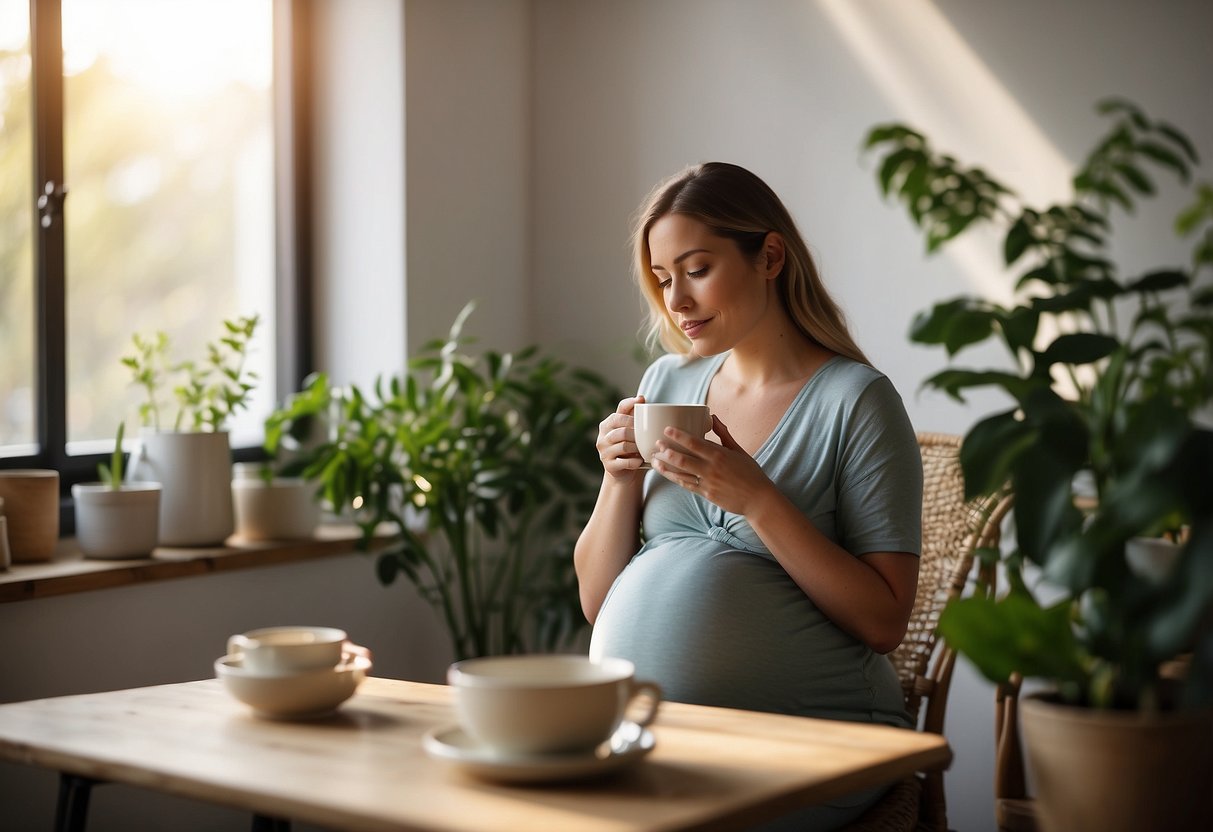 A serene, pregnant woman sips herbal tea, surrounded by calming colors and natural light. A "10 Tips for Staying Stress-Free During Pregnancy" poster hangs on the wall