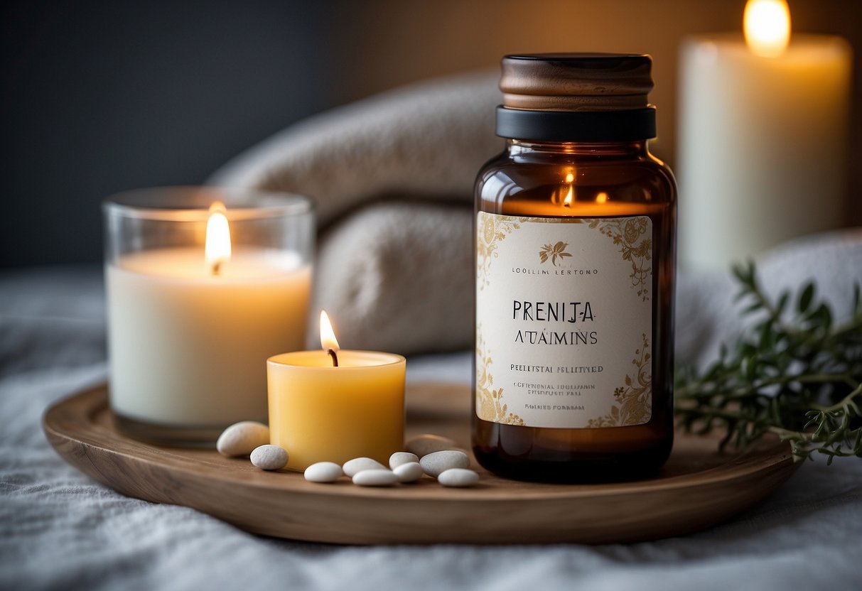 A bottle of prenatal vitamins surrounded by calming elements like a soothing candle, a plush pillow, and a journal for relaxation