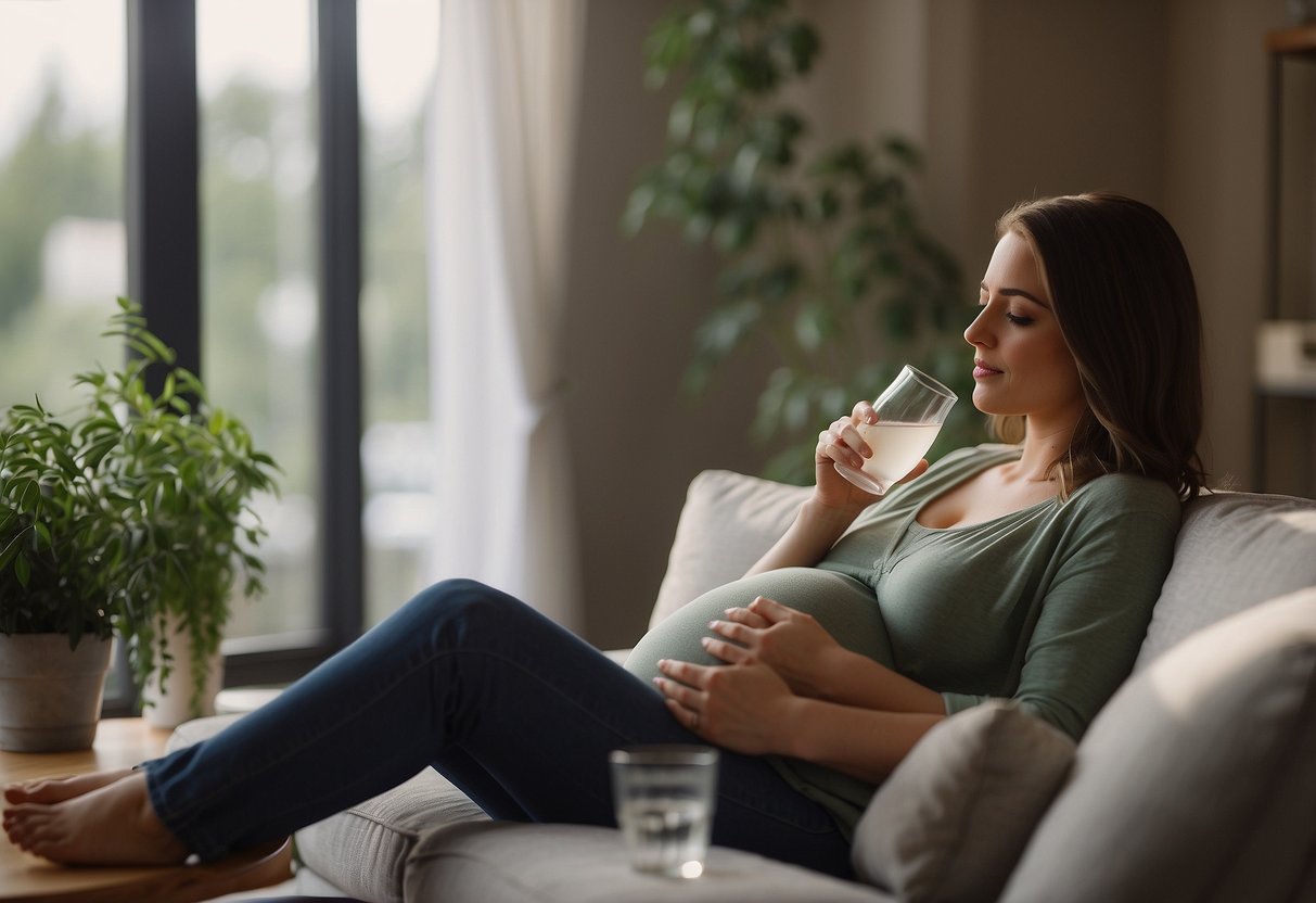 A serene pregnant woman sits in a comfortable chair, sipping water from a clear glass. A soft, calming environment surrounds her, with gentle music playing in the background