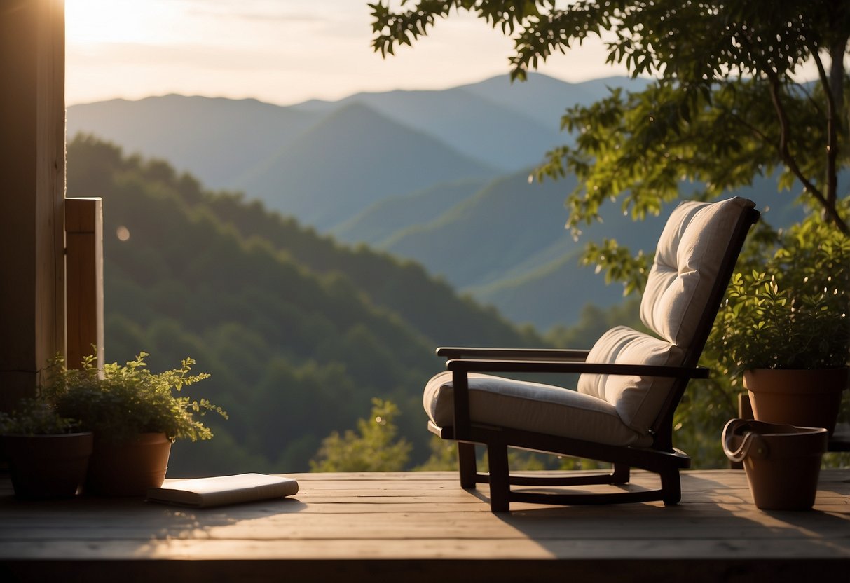 A serene setting with soft lighting, a comfortable chair, and a journal for writing thoughts. A gentle breeze and calming music in the background