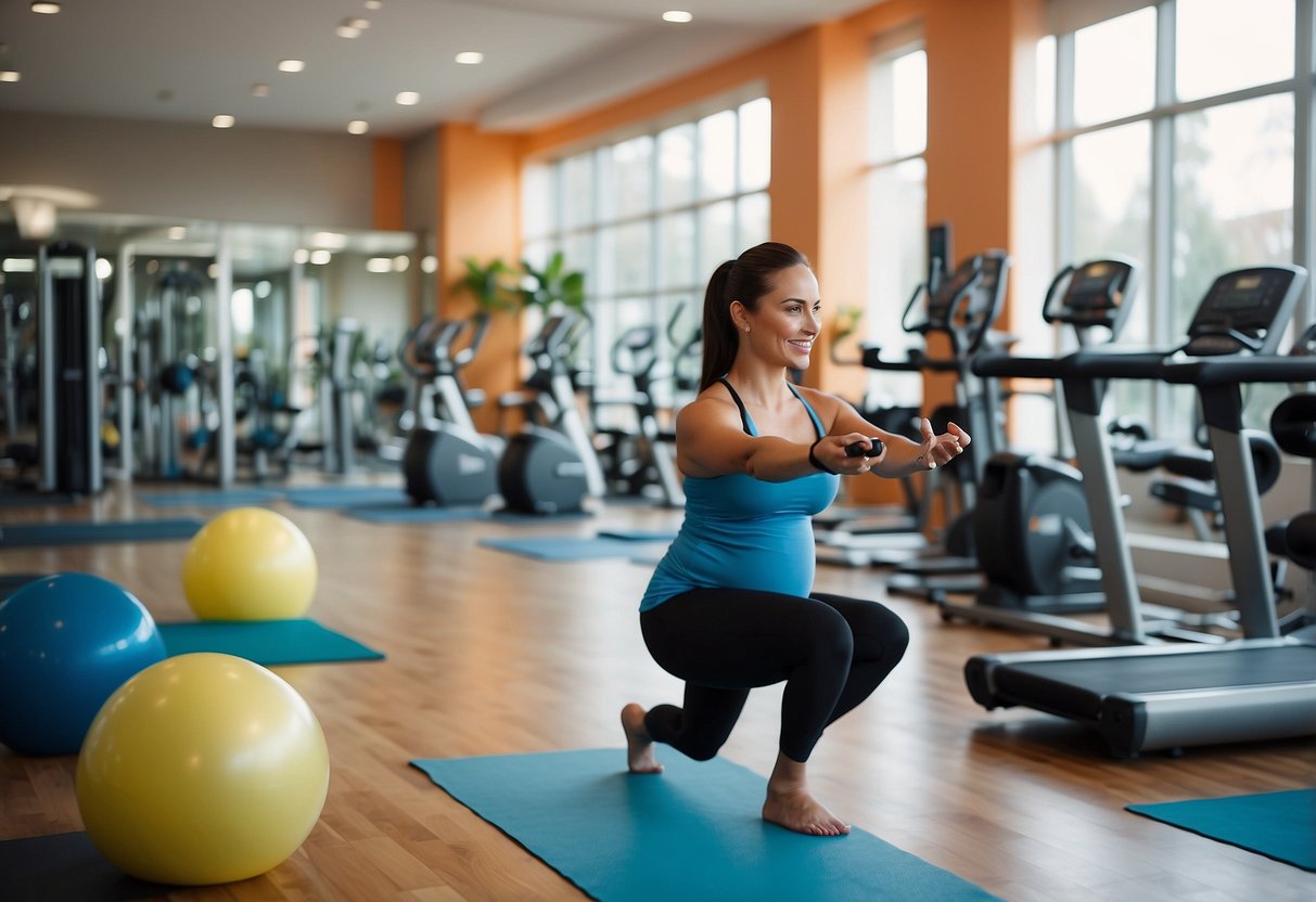 A bright, spacious gym with colorful exercise equipment. A pregnant woman happily engages in various low-impact workouts, such as prenatal yoga and swimming. The atmosphere is vibrant and energizing