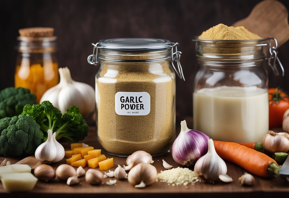 A jar of garlic powder surrounded by low-carb ingredients like vegetables and meats, with a keto-friendly label