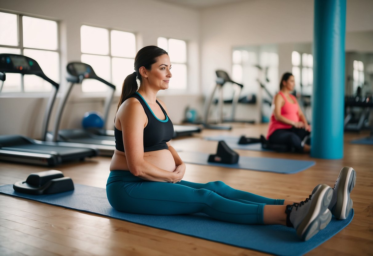 A pregnant woman doing low-impact aerobics, surrounded by colorful exercise equipment in a bright, spacious room