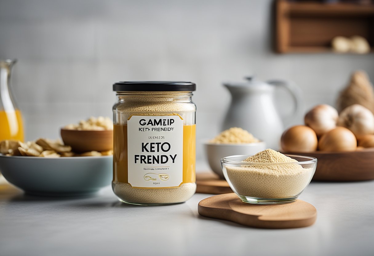 A jar of garlic powder sits next to a plate of keto-friendly foods. The label prominently displays the words "Keto Friendly" to indicate its compatibility with the diet