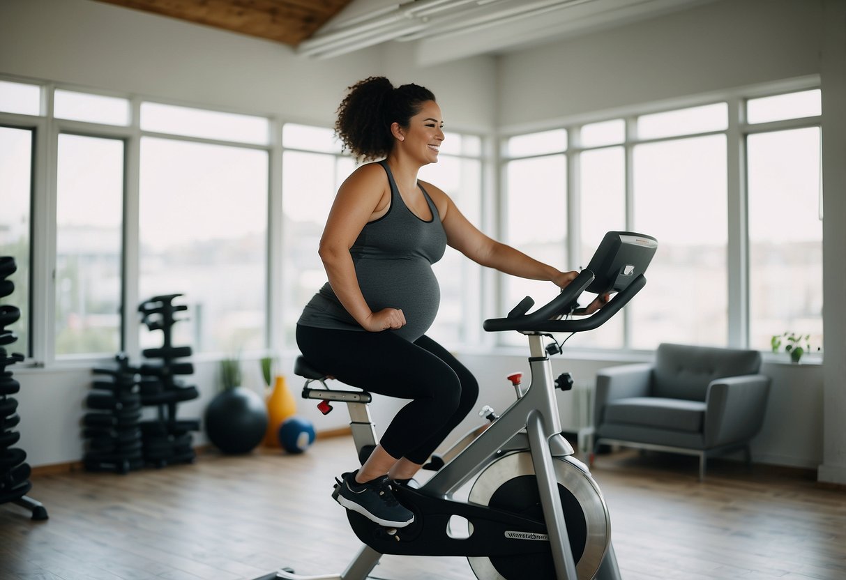 A pregnant woman is sitting on a stationary bike, pedaling with determination. She has a focused look on her face, with a water bottle and towel nearby. The room is well-lit and airy, with motivational posters on the walls