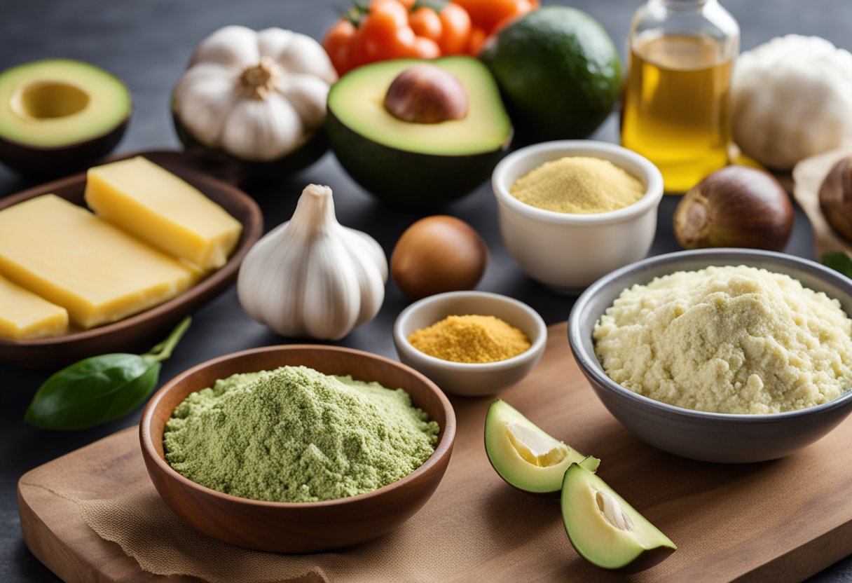 A pile of garlic powder surrounded by keto-friendly food items like avocados and low-carb vegetables, with a nutrition label showing macronutrient breakdown