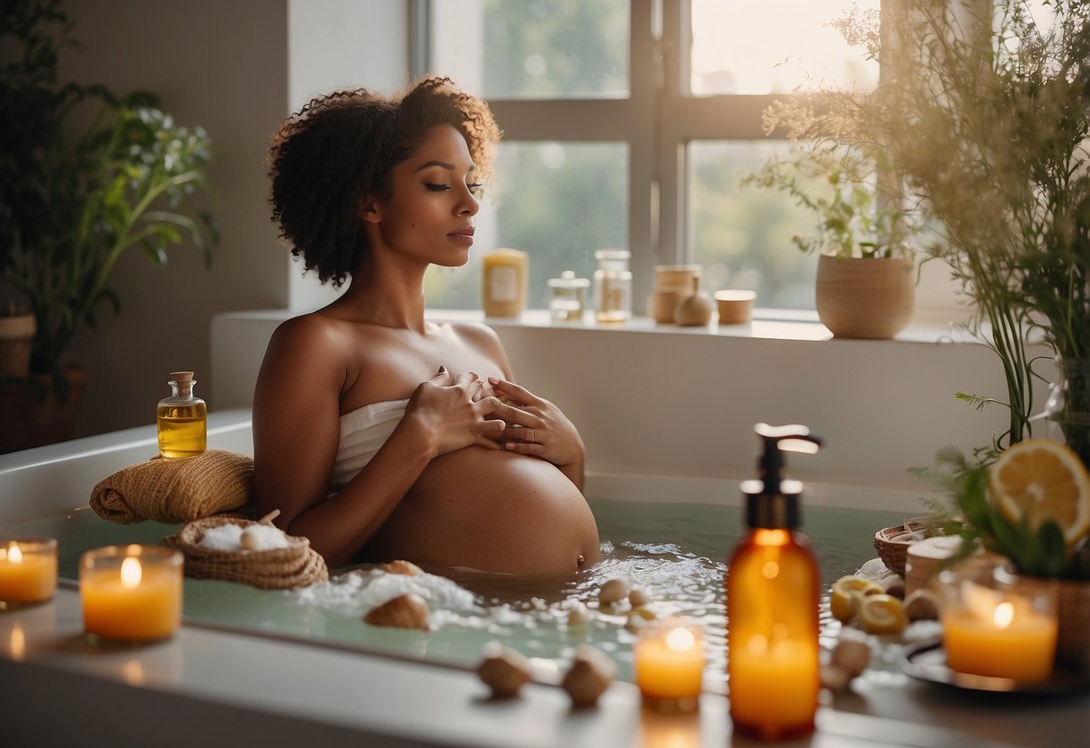 A peaceful pregnant woman surrounded by natural remedies like ginger, chamomile tea, and essential oils, with a warm bath and soothing music in the background