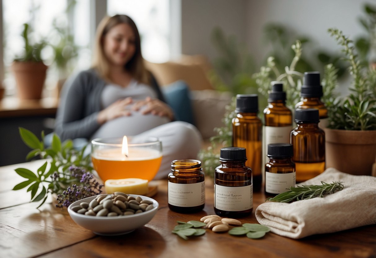 A pregnant woman sits surrounded by natural remedies: magnesium supplements, herbal teas, essential oils, and a heating pad. She looks relieved as she manages her discomforts