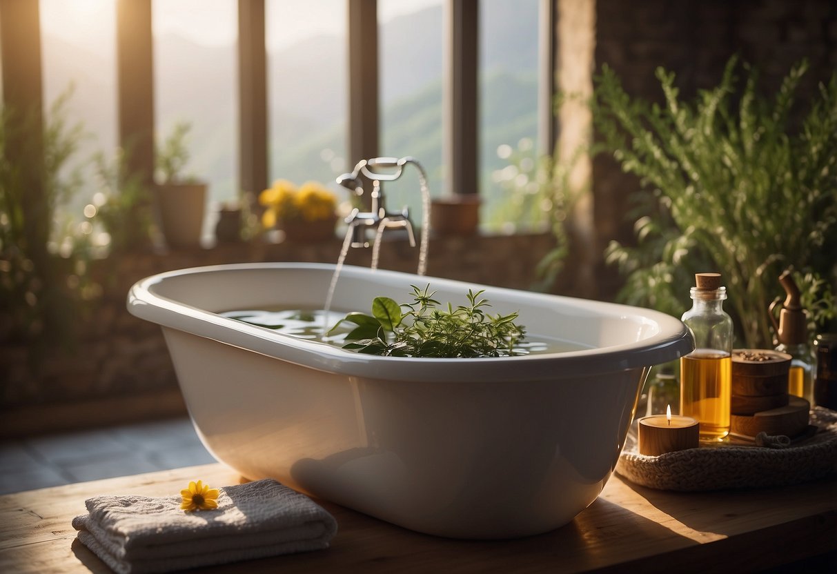 A bathtub filled with warm water, surrounded by natural remedies such as essential oils, Epsom salts, and herbal teas. A soft towel and comforting ambiance complete the scene