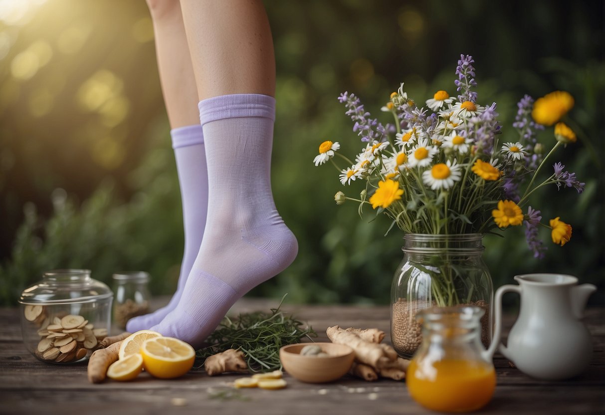 A pregnant woman's feet in compression socks surrounded by natural remedies like ginger, chamomile, and lavender