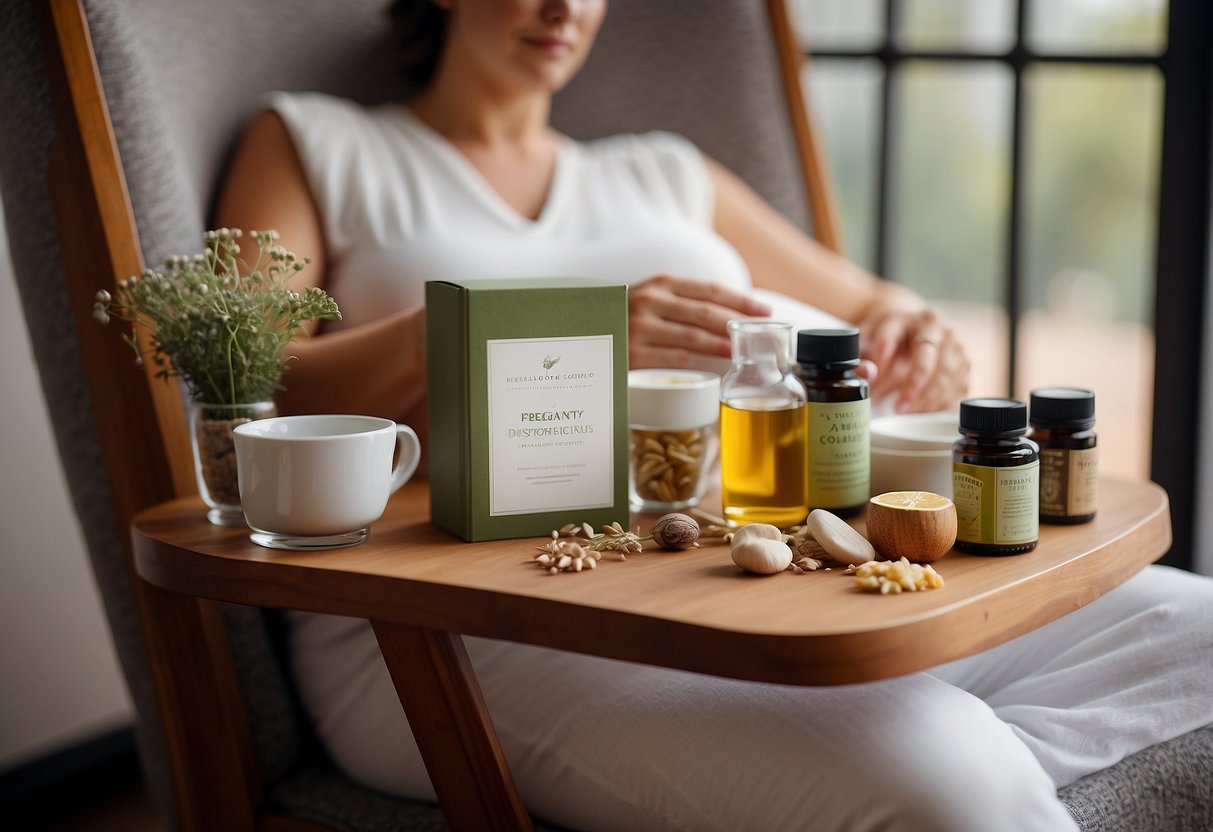 A pregnant woman sits on a cozy chair surrounded by soothing herbal teas, essential oils, and a heating pad. She holds a book on natural remedies for pregnancy discomforts