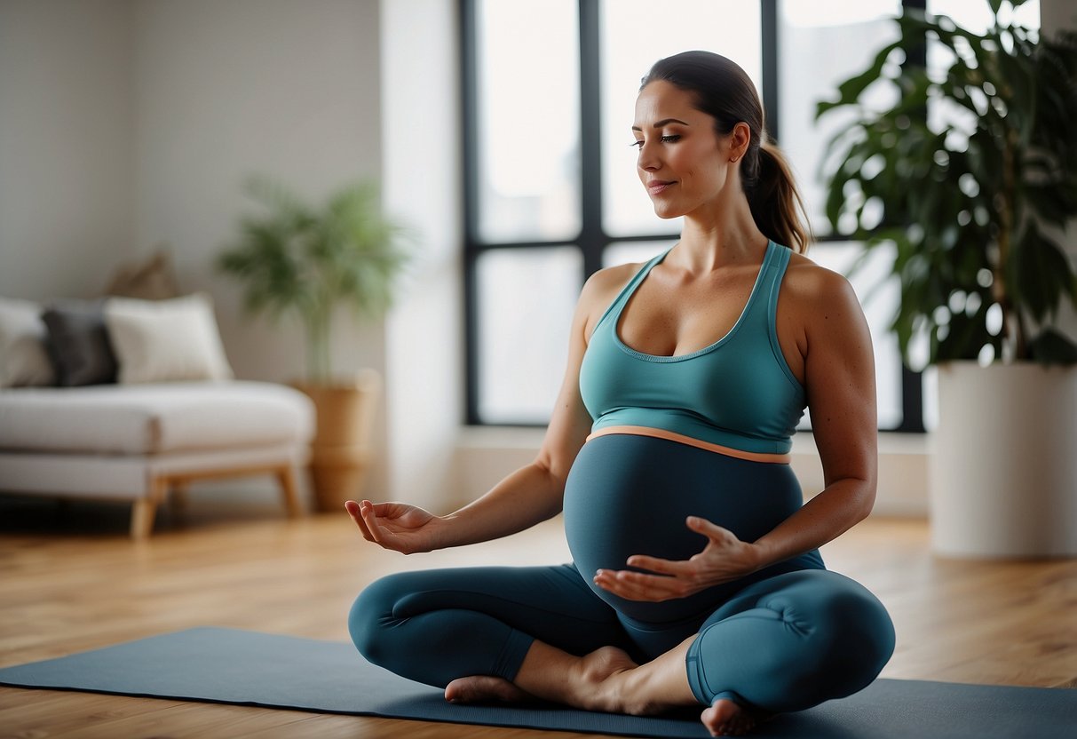 A pregnant woman practicing prenatal yoga, eating nutritious meals, and getting regular exercise to prepare for a smooth delivery