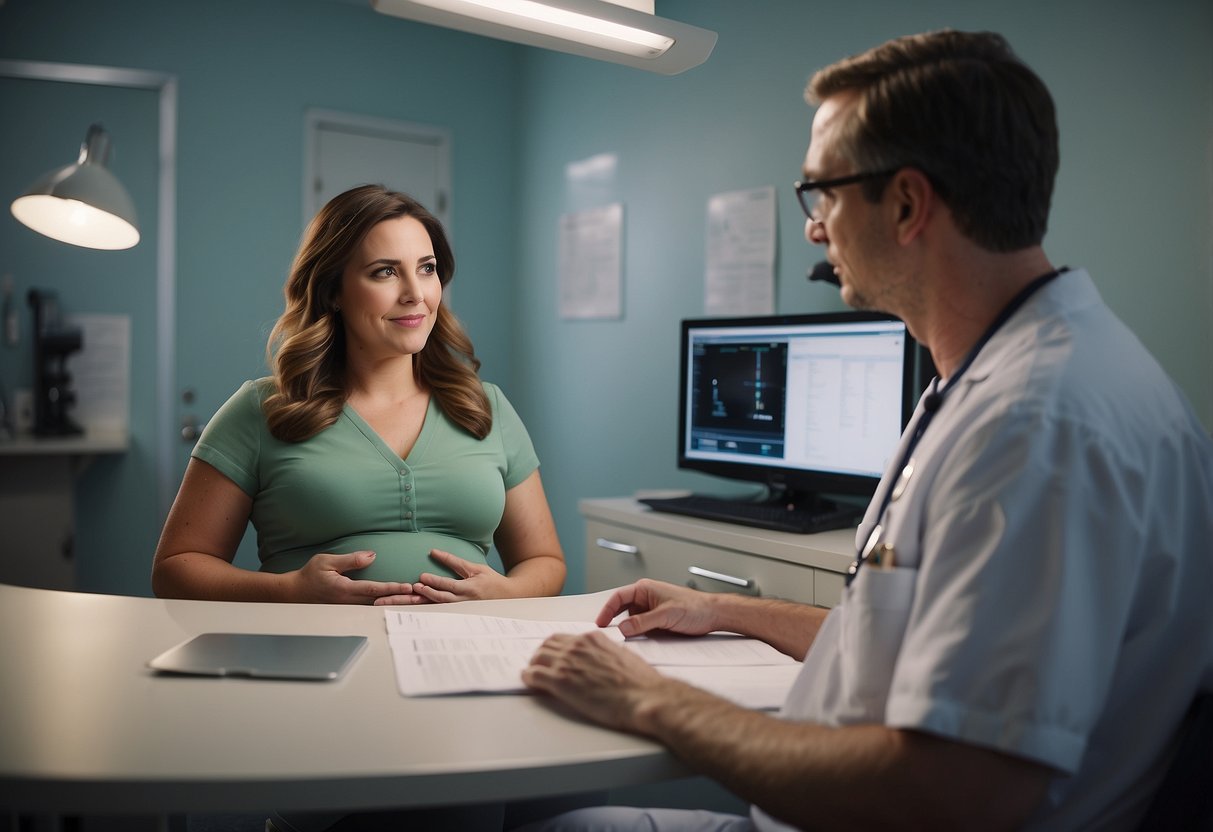 A pregnant woman sitting in a doctor's office, receiving a prenatal checkup. The doctor is discussing healthy pregnancy habits for a smoother delivery