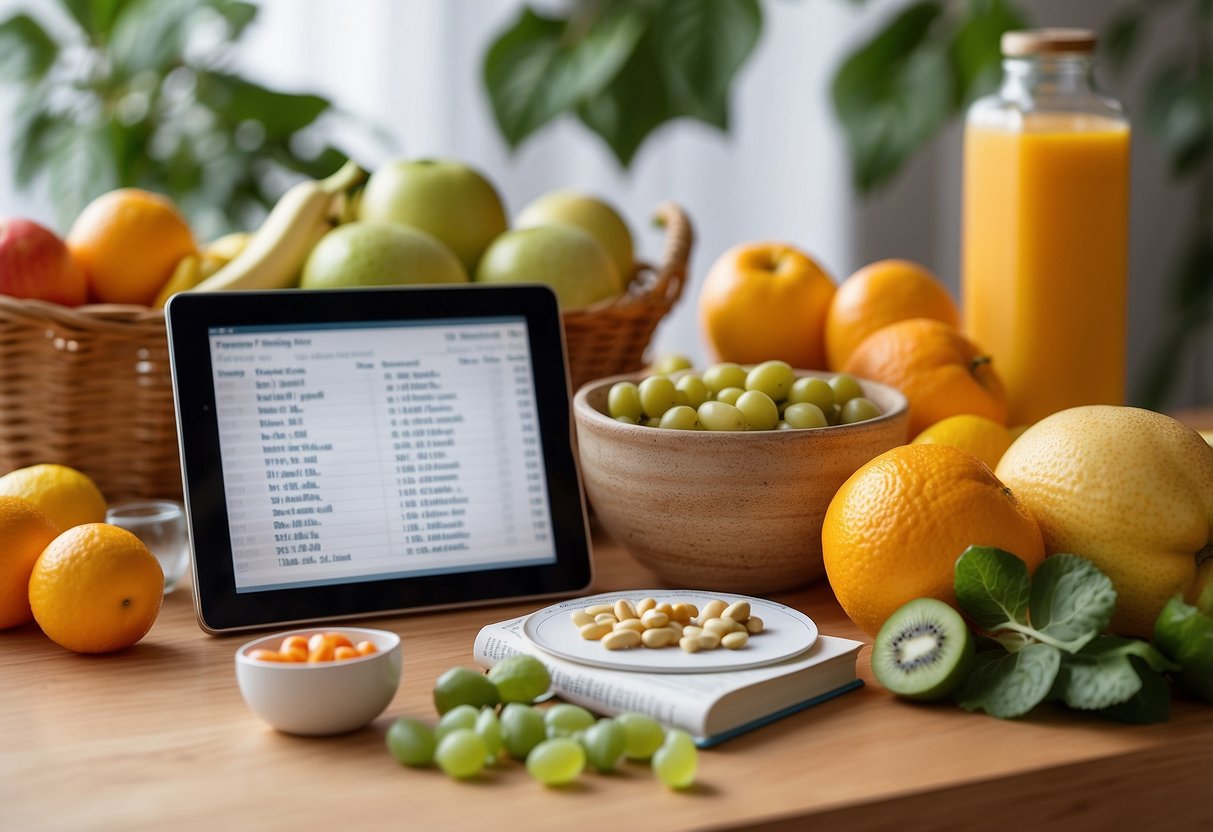 A bottle of prenatal vitamins next to a healthy pregnancy guidebook, surrounded by fruits, vegetables, and a glass of water