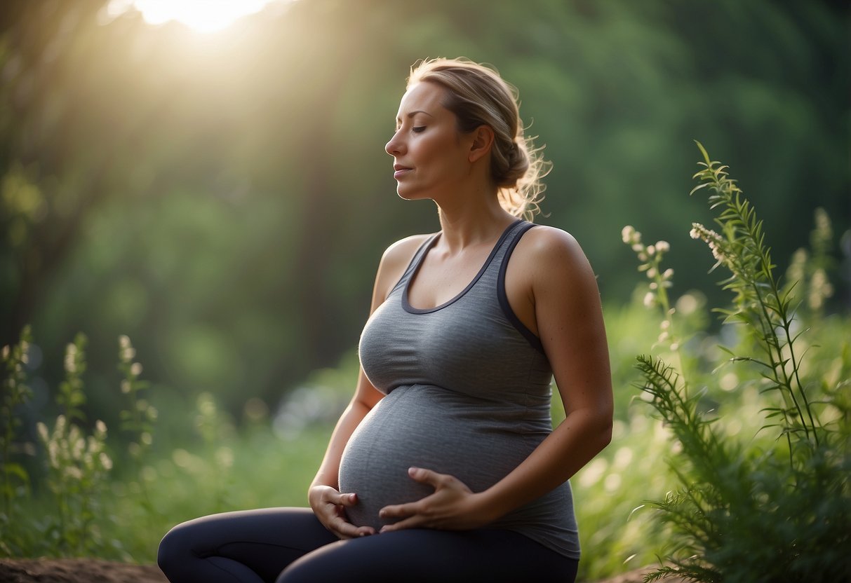 A serene pregnant woman practices deep breathing in a peaceful setting, surrounded by nature and engaging in gentle exercise