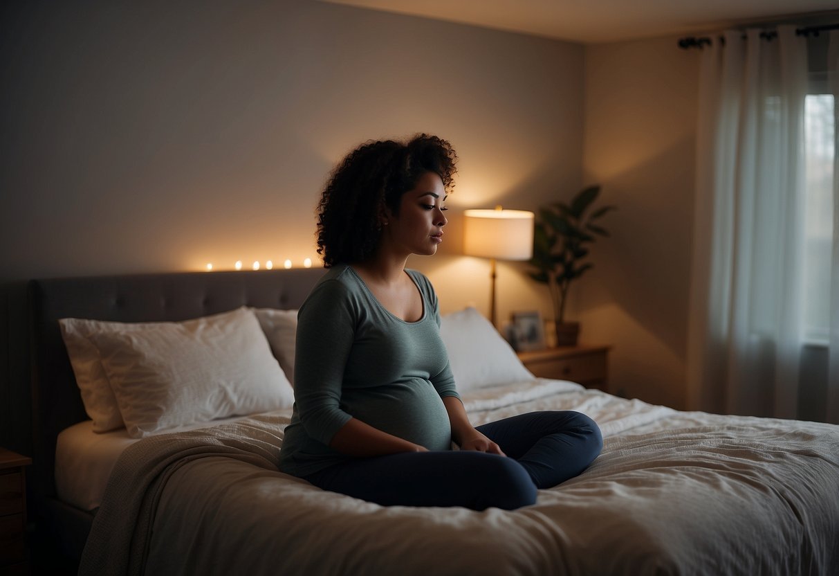 A serene bedroom with dim lighting, a comfortable bed, and a soothing ambiance. A pregnant woman practices deep breathing and relaxation techniques before drifting off to sleep