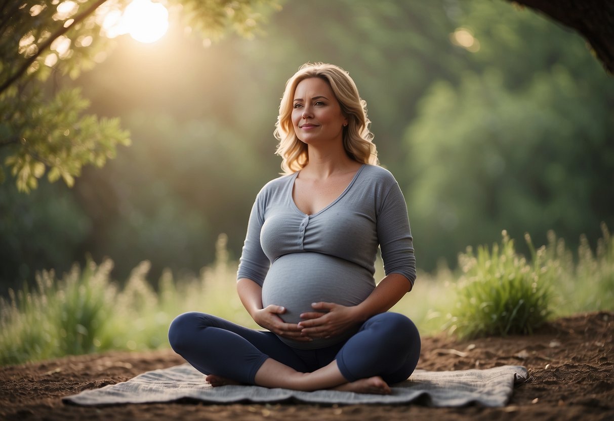 A serene pregnant woman sitting cross-legged, surrounded by nature. She is practicing mindfulness, with a gentle smile on her face, and a sense of calm and peace emanating from her