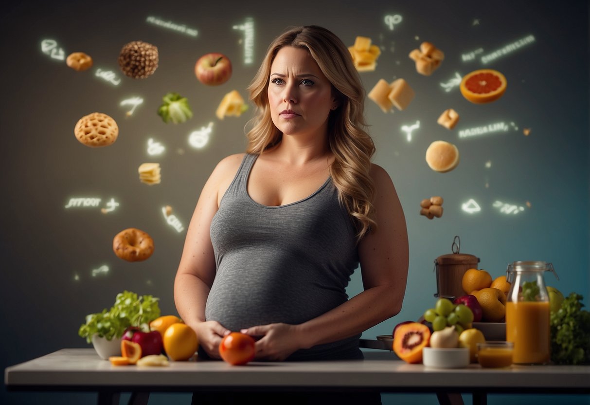 A pregnant woman standing on a scale, looking concerned. Healthy food and exercise symbols surround her, while unhealthy food and sedentary symbols are pushed away