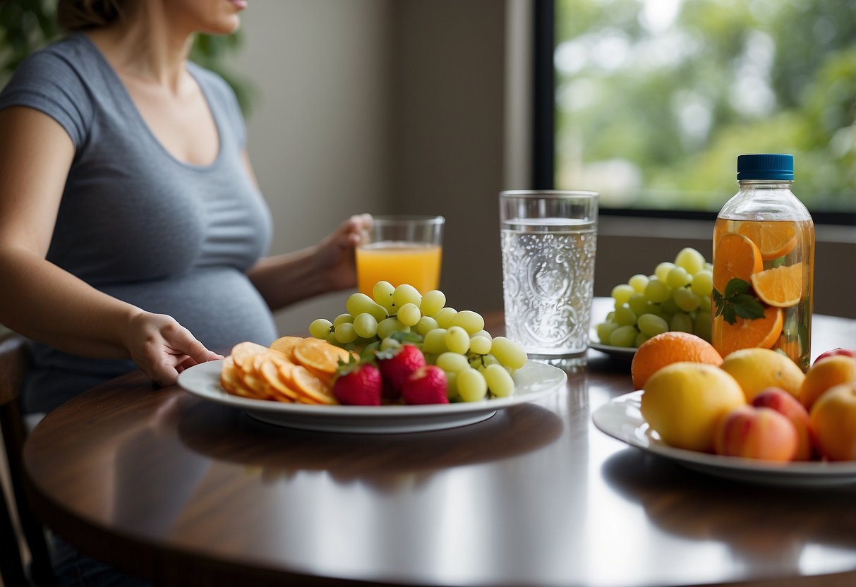 A pregnant woman's hand reaches for a glass of water on a table next to a plate of healthy snacks. A water bottle and fruit are also visible in the background