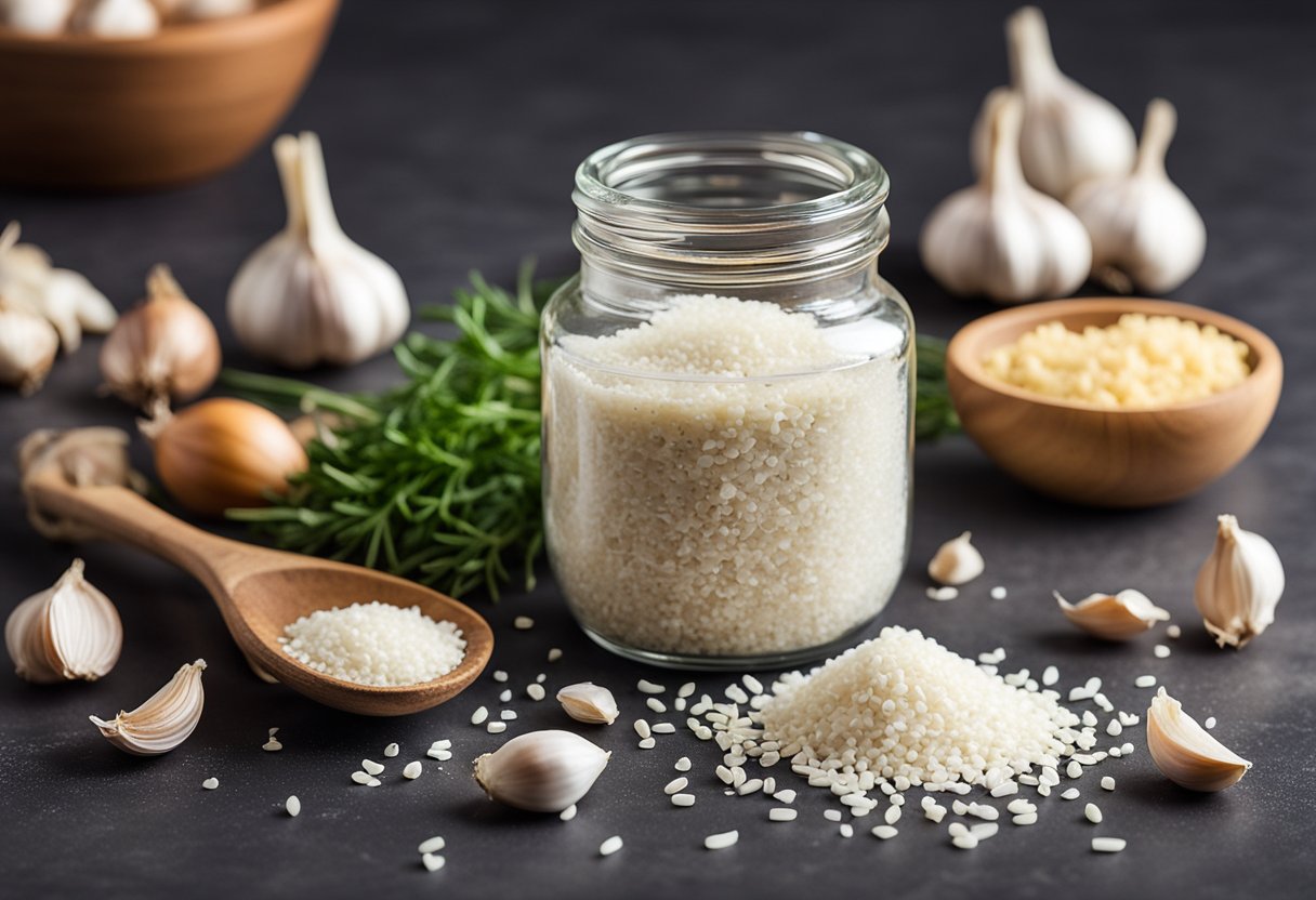 A jar of garlic salt sits next to low-carb ingredients, emphasizing its keto-friendly status