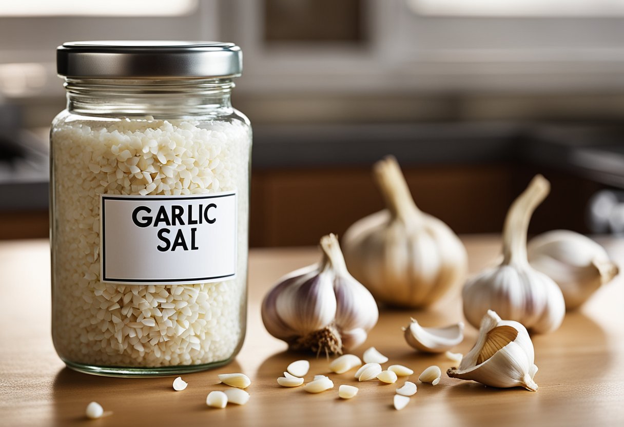 A jar of garlic salt sits on a kitchen counter next to a pile of fresh garlic cloves and a salt shaker. The label prominently displays the words "Garlic Salt."