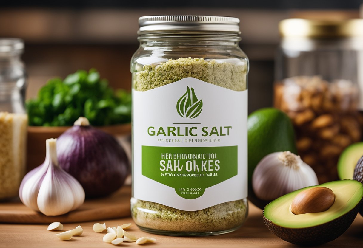 A jar of garlic salt next to keto-friendly foods like avocados and meats on a kitchen counter