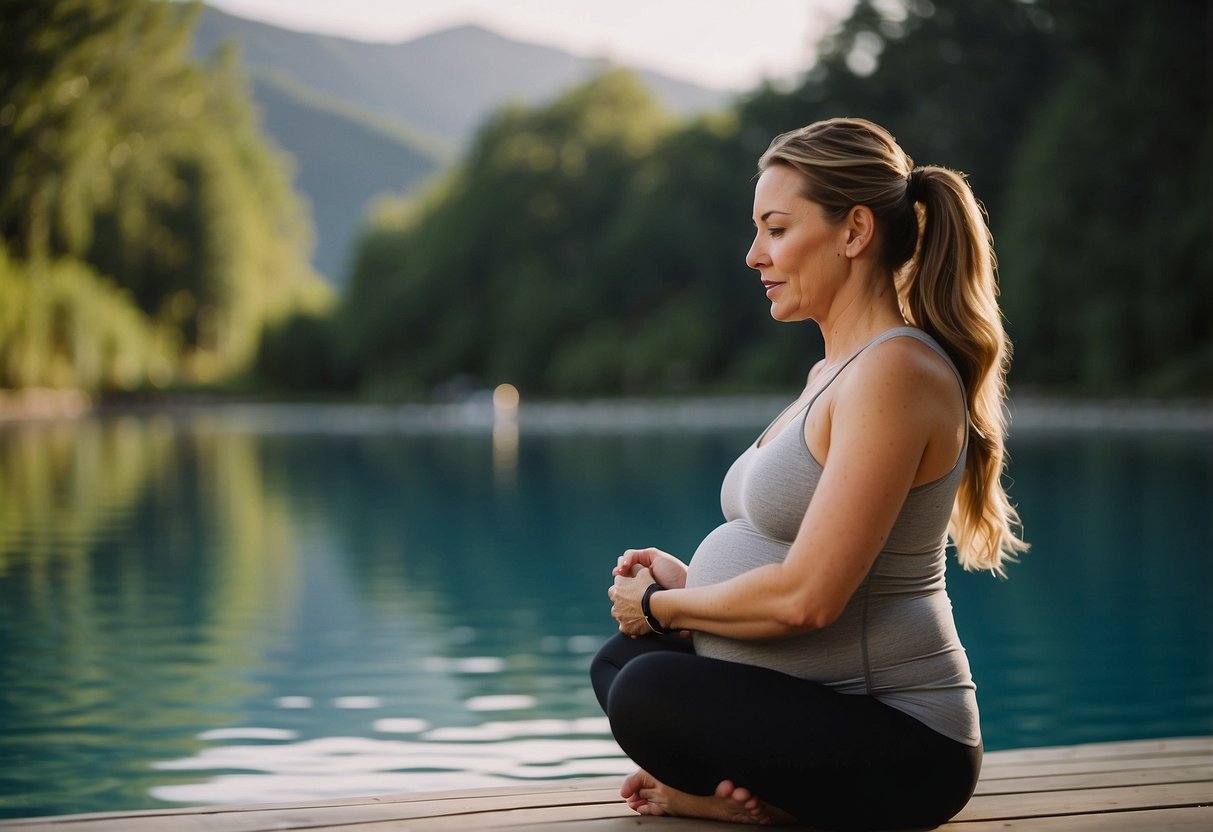 A pregnant woman engages in low-impact exercises like swimming and prenatal yoga. She maintains a healthy diet and drinks plenty of water. She monitors her weight gain and consults with her healthcare provider regularly