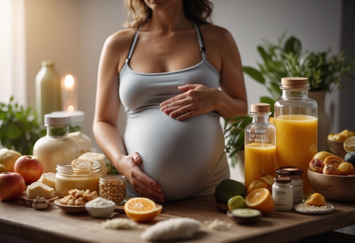 A glowing pregnant belly surrounded by natural skincare products and healthy foods, radiating a sense of vitality and well-being