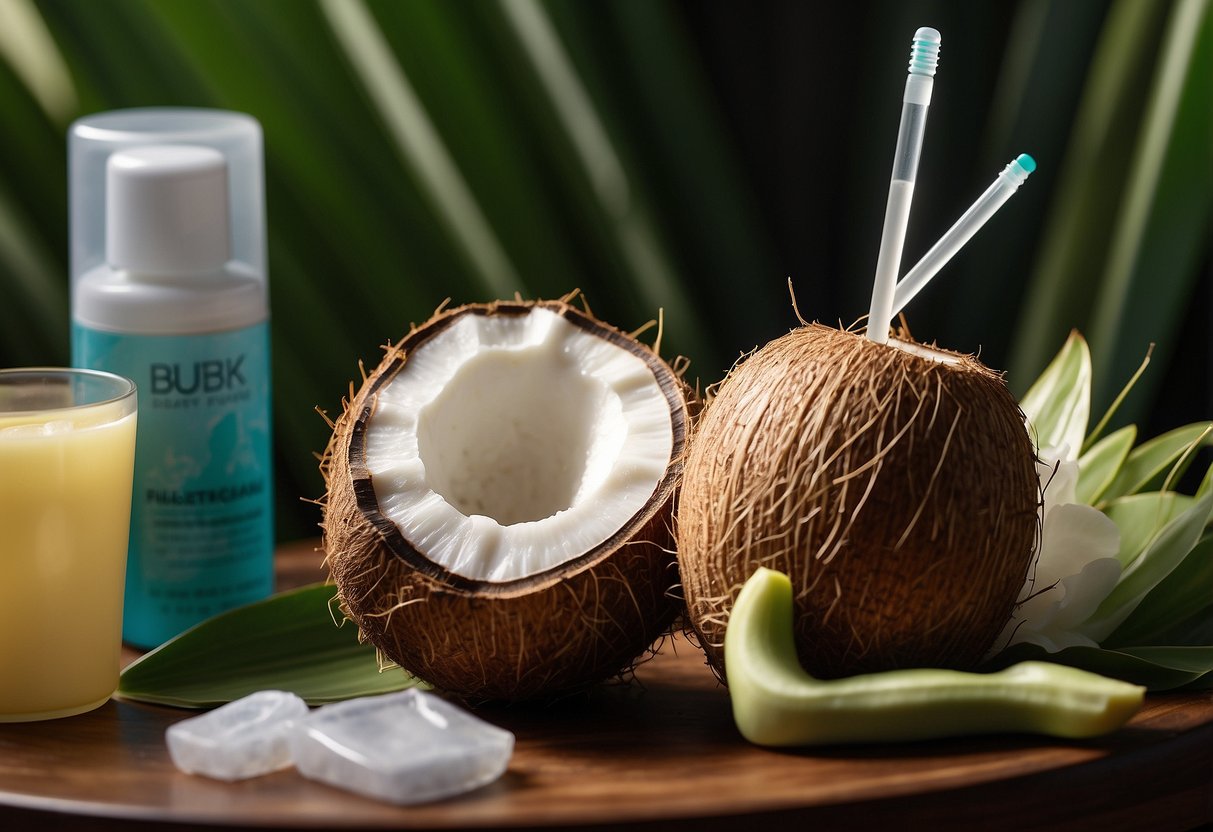 A tropical coconut with a straw, surrounded by glowing skin products and a pregnancy test