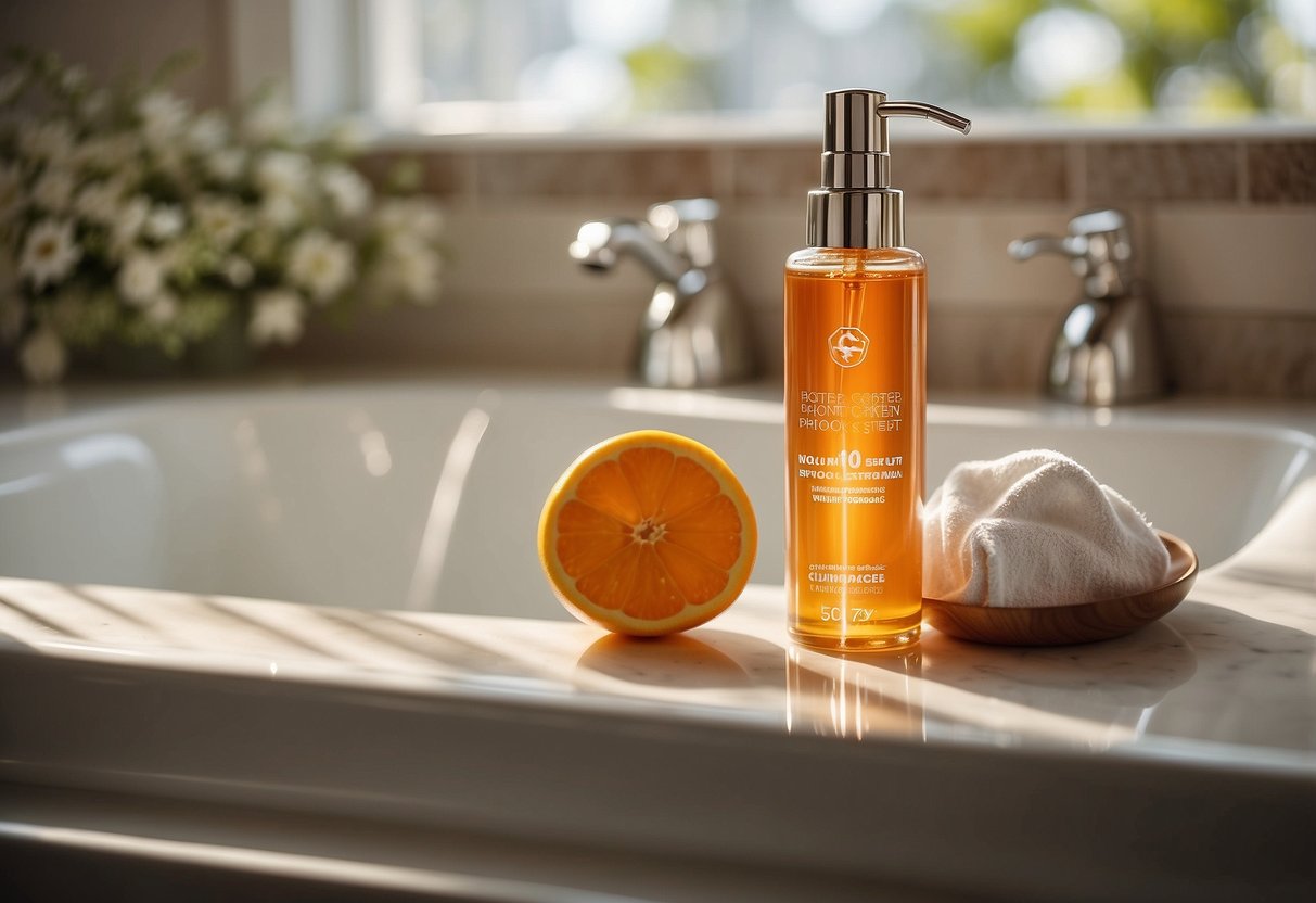 A bottle of vitamin C serum sits on a bathroom counter, surrounded by other skincare products. Sunlight streams in through the window, illuminating the serum and casting a soft glow on the scene