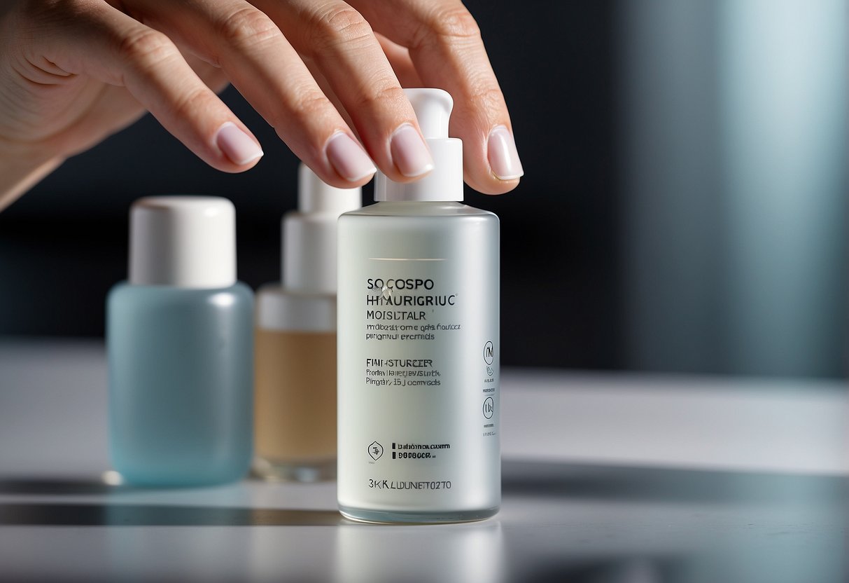 A hand squeezes a dollop of hyaluronic acid moisturizer onto a clean surface, with the product label in clear view